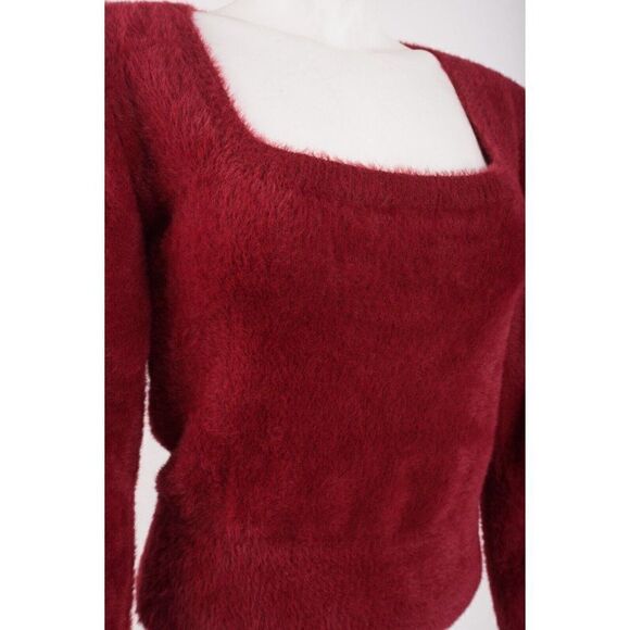 ASTR The Label Womans Fuzzy Crop Sweater Size L Maroon Wine Red Scoop Neck NWT - Picture 3 of 6